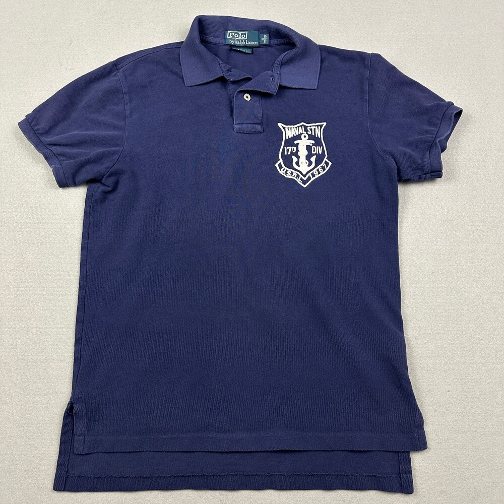Polo Ralph Lauren Shirt Men Small Blue Custom Fit Naval Stn Anchor Embroidered S